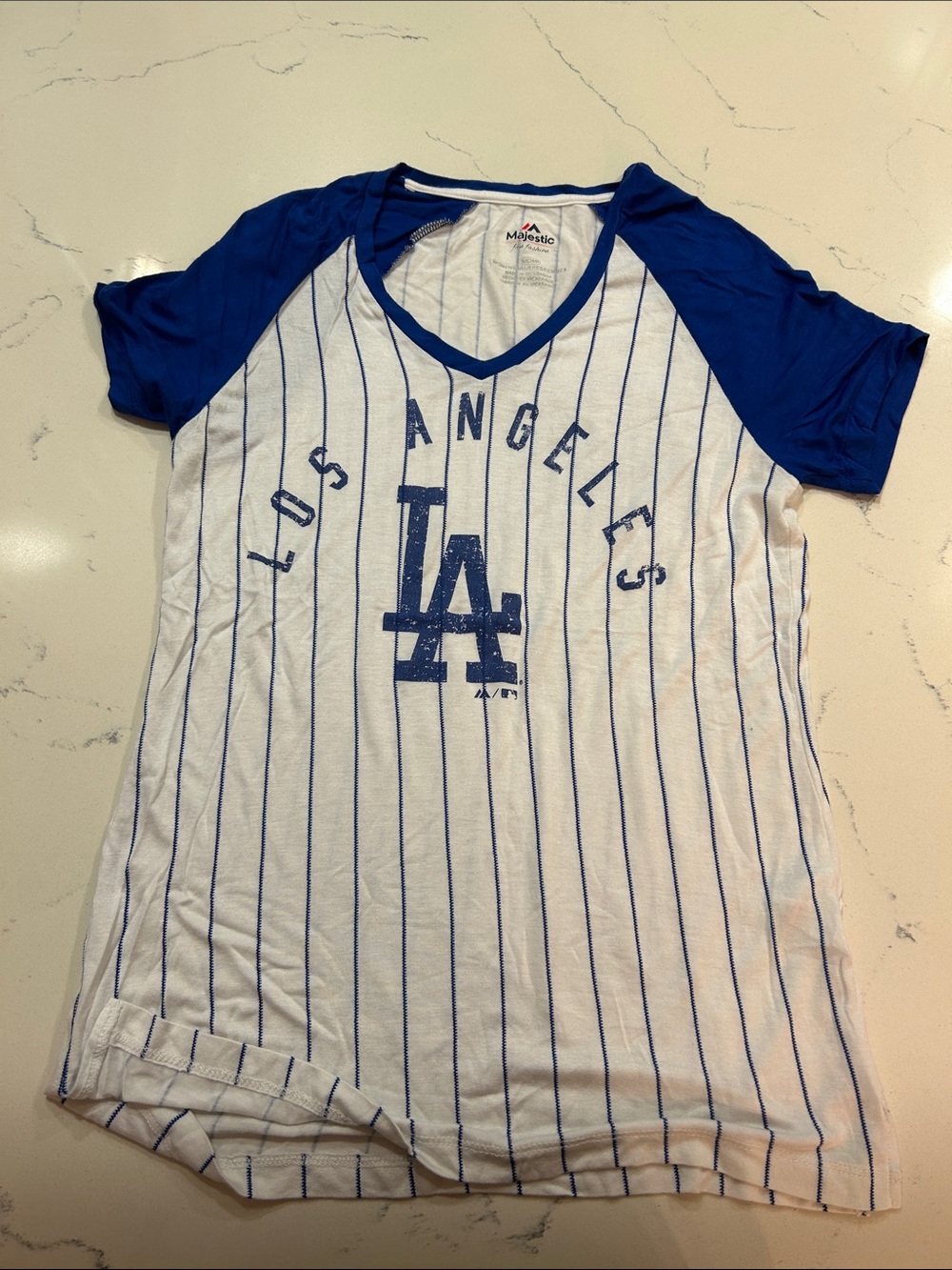 Majestic Women's Fan Fashion Blue & White Striped Tee size small